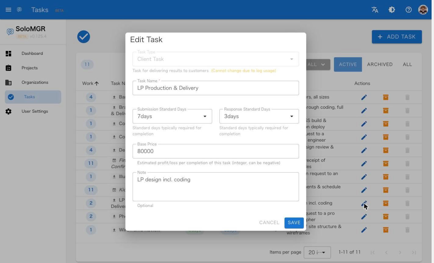 Task Price Settings Screen